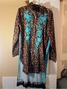 NWT, Lucky & Blessed Brown Leopard Button-Down with Turquoise Embroidery